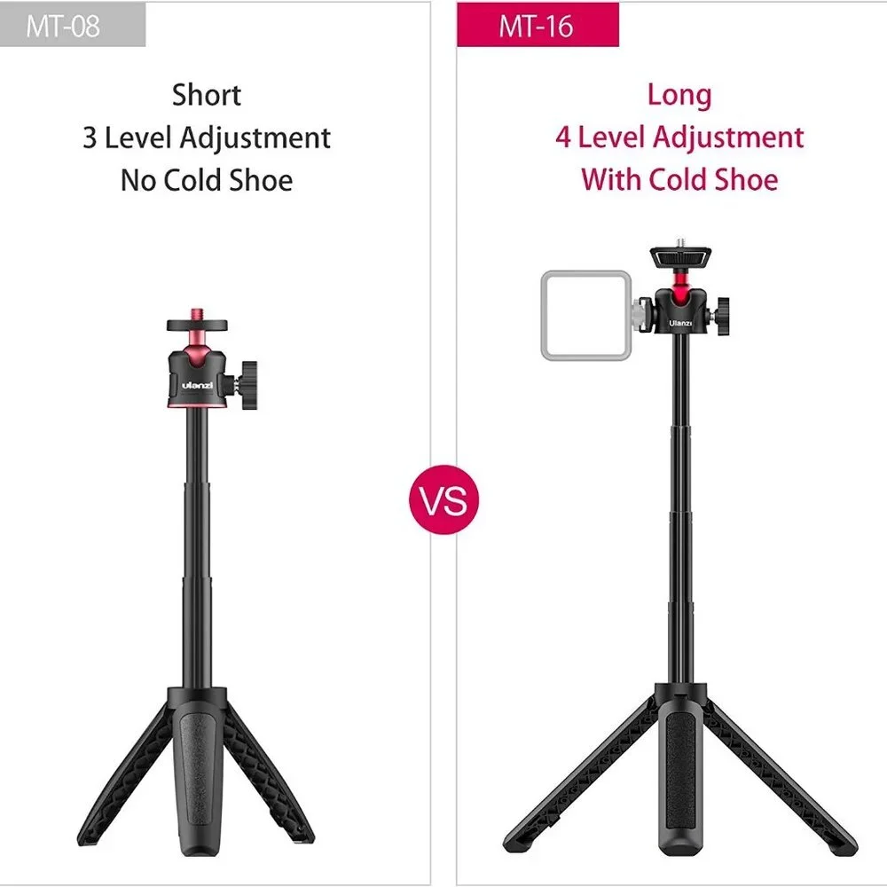 MT-16 Extendable Mini Camera Tripod, 4 Level Adjustment 360° Ball Head Cold Shoe